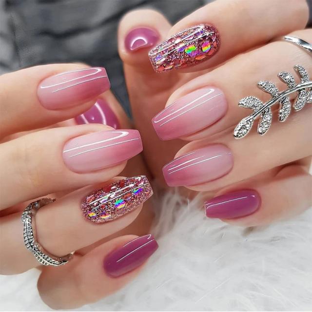 24 peças curtas de unha com glitter gradiente francês com 1 gel de gelatina e 1 lixa de unha