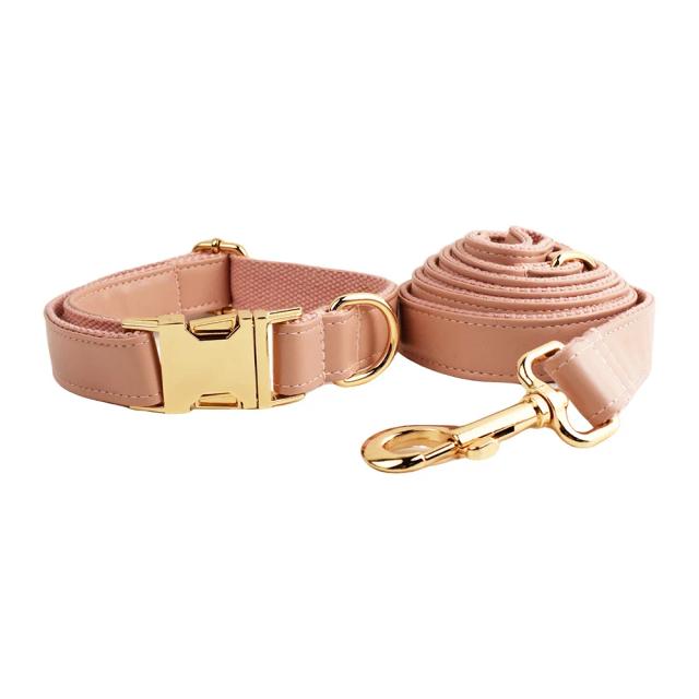 Coleira de couro rosa para cães com trela e placa de identificação personalizada