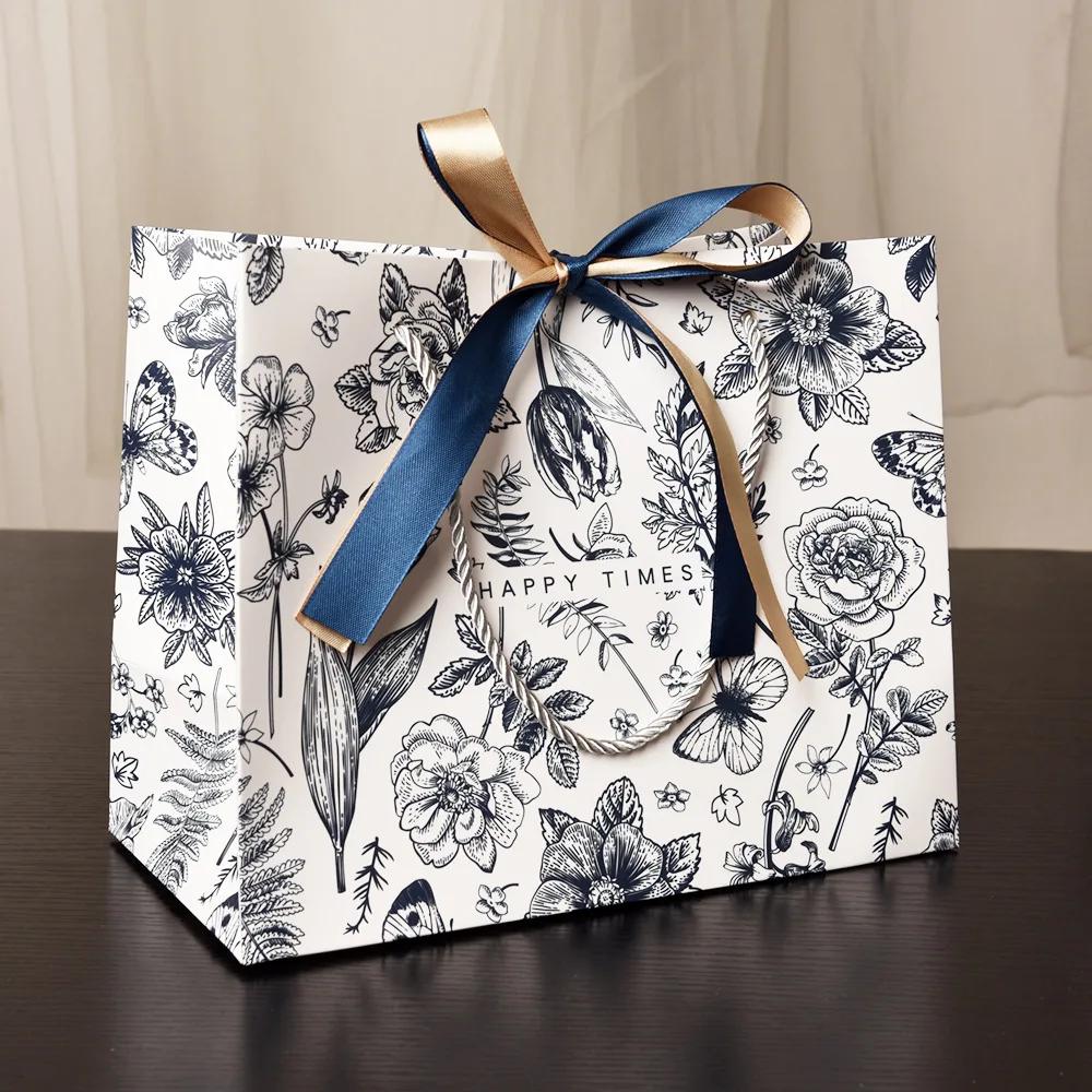 Sacos De Embrulho De Papel Floral com Fita, Sacos De Papel De Aniversário, Presente Do Dia Das Mães, Premium, Novo - Image 1