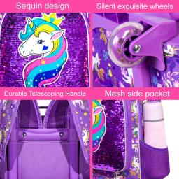 Mochila rolante para meninas e crianças, saco de rolo com lancheira, design de caneta padrão de unicórnio, função luminosa, 3 peças - Image 5