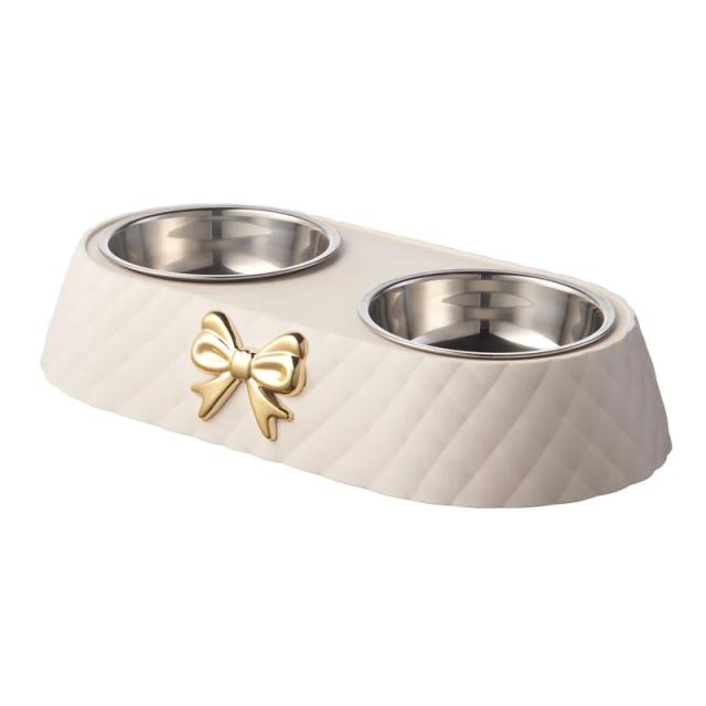Tigela de comida e água para cães e gatos com laço bowknot em PP e aço inoxidável - Acessórios duplos para pets