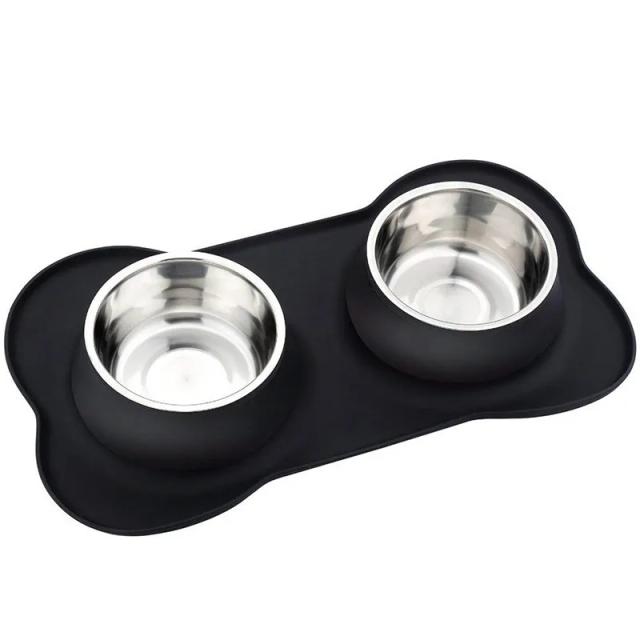 Tigela Dupla Antiderrapante para Cães e Gatos com Esteira de Silicone e Aço Inoxidável Durável
