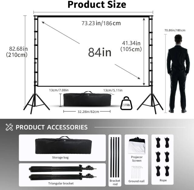 Tela do Projetor VEIDADZ: Suporte Dupla Face, Branco Sem Rugas, 160° de Ângulo de Visão, 60-150 Polegadas, Ideal para Home Theater e Uso ao Ar Livre
