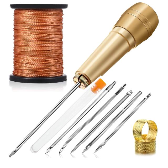 Kit Completo de Ferramentas para Costura de Couro Artesanal: Agulhas Cónicas, Punhos em Cobre e 11 Peças para Sapatos e Reparos
