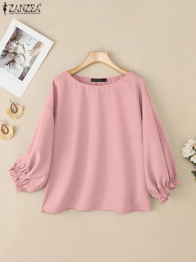 2025 zanzea moda feminina manga longa lanterna blusa outono sólido camisas de trabalho casual o pescoço solto blusas femininas túnica topos mujer