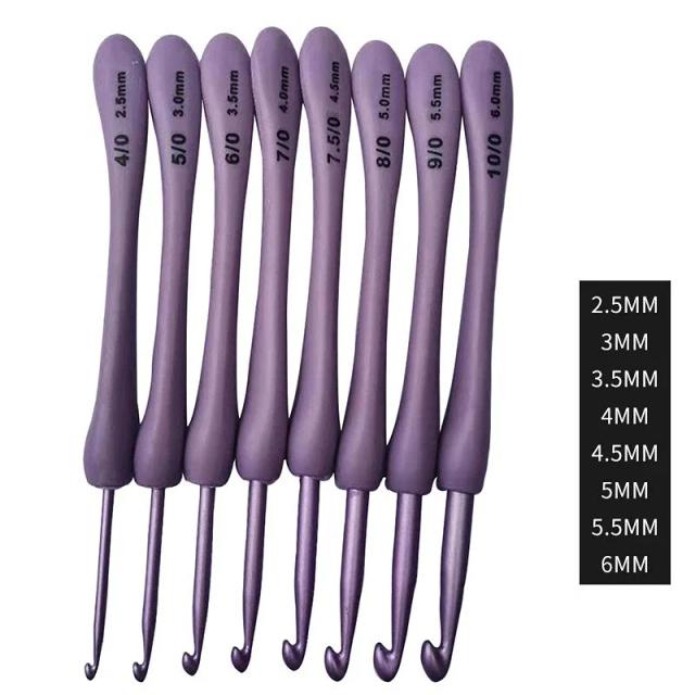 Conjunto de Ganchos de Crochê Roxo para Costura e Artesanato - Agulhas de 2,5 a 6,0 mm, 8 Peças