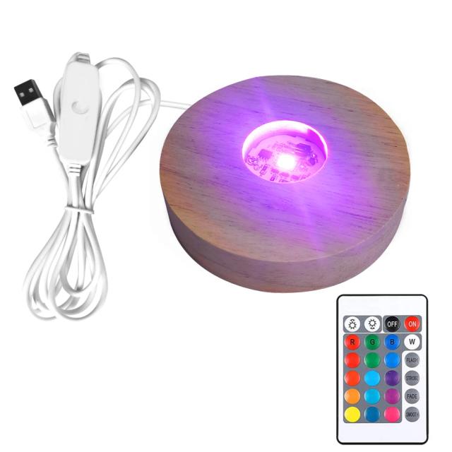 Base Luminosa Redonda com Controle Remoto e Luz LED de Madeira - Suporte Giratório e USB para Decorar com Estilo