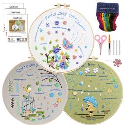 Kit de bordado inicial para adultos, aprenda pontos diferentes, kits DIY, inclui padrão de flores estampadas, ferramentas de roscas coloridas, 3 conjuntos - Image 1