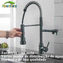 Torneira de pia de cozinha gourmet em aço inoxidável, Pull Down Misturador de água quente e fria, Torneira de guindaste com bico duplo - Image 1