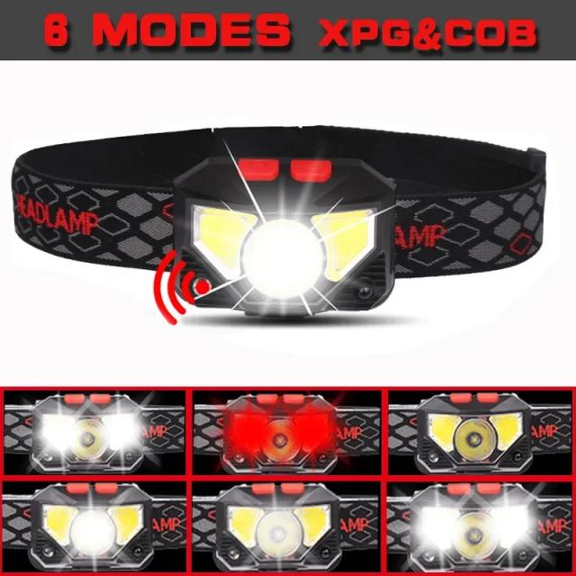 Lanterna de Farol LED COB com Sensor de Movimento 8 Modos para Acampamento e Pesca