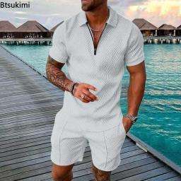 Conjunto de camisa polo e shorts de manga curta masculino, monocromático, decote em v, zíper, moda casual, novo, verão, 2 peças, 2024 - Image 5