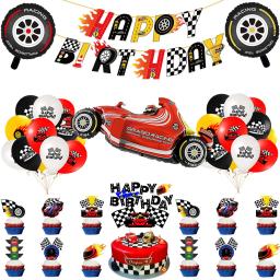 Corrida Car Party Banner para Crianças, Feliz Aniversário, Folha, Rodas Balões, Bolo Toppers, Meninos, Corridas Decoração Do Partido Suprimentos - Image 1