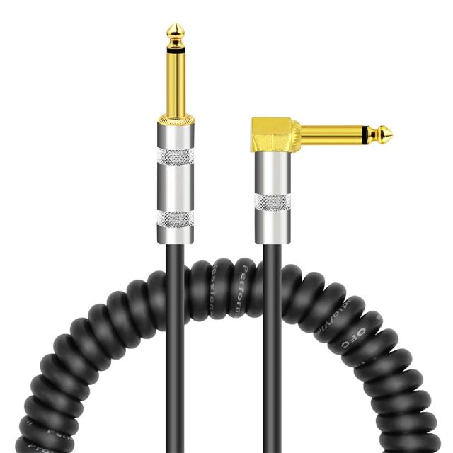 Cabo de Áudio Encaracolado para Instrumento Musical com Plugues TS Banhados a Ouro, 1/4 Pol, Jaqueta de PU para Baixo de Guitarra
