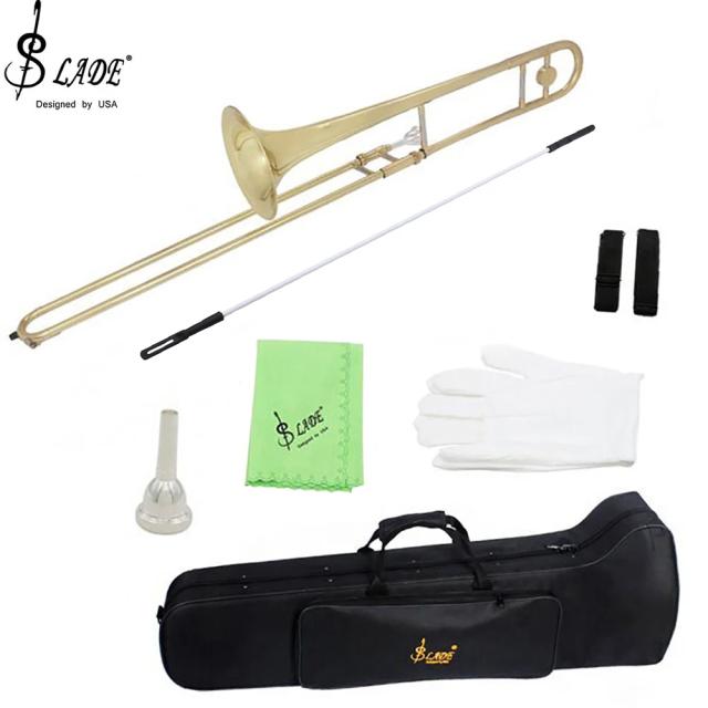Trombone Bb Alto Lacado em Ouro de Latão com Caixa e Acessórios Profissionais