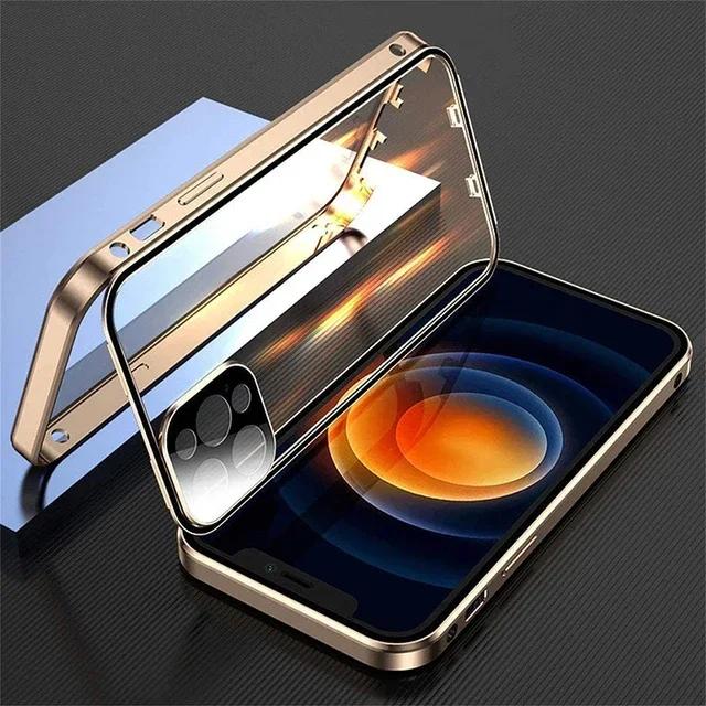 Transparente 360 °   Proteção total de metal magnético dupla face vidro imprensa caso de telefone para iphone 16e 16 pro max 14 13 12 15 pro max caso - Image 1