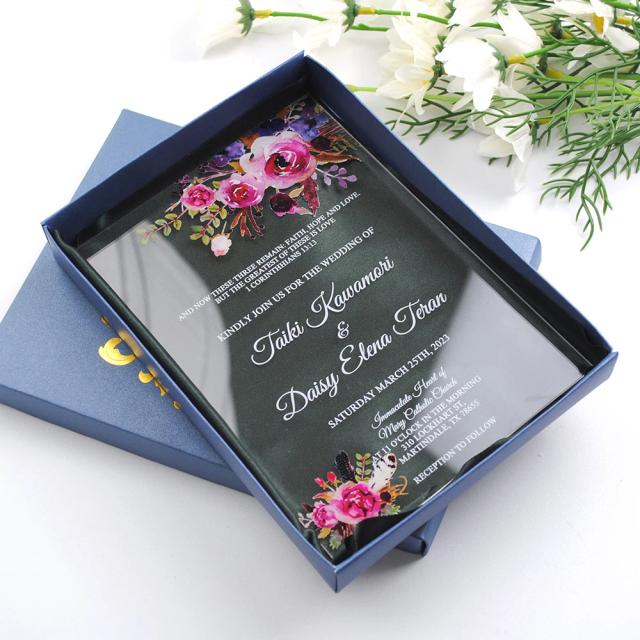 Convite de Casamento Personalizado em Acrílico Transparente com Design Floral e Caixa em Branco - 10 Peças
