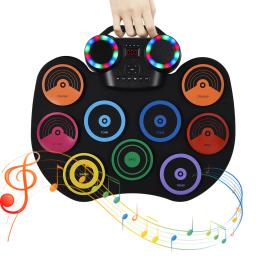 Conjunto de Tambor Elétrico Portátil com Luzes Coloridas, Kit de Almofadas Embutidas, Tela de Exibição LED, 2 Bastão de Tambor e Pedal, 9 Almofadas - Image 3