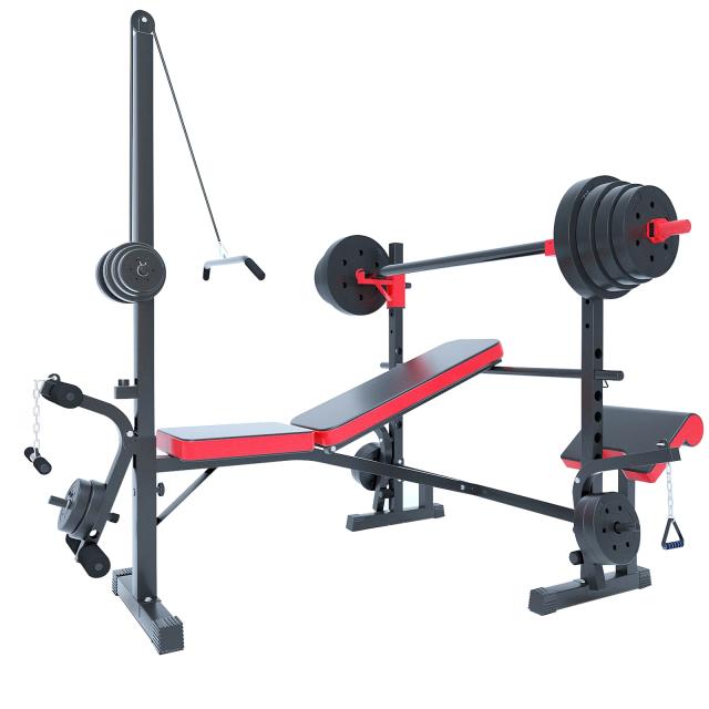 Banco de levanta-peso dobrável multifuncional com ajuste, ideal para treinamento de halterofilismo e exercícios em casa.
