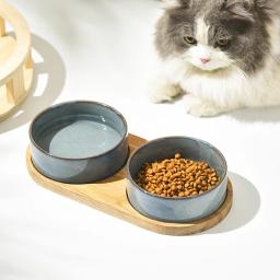 Matte Ceramic Pet Bowl para cão, Protetor de Coluna Cervical Anti Knock Over Bandeja de madeira, Pet Feeding Supplies Acessórios para gatos - Image 2