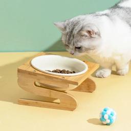 Suporte de bambu durável para animais de estimação Alimentador antiderrapante para cães Tigela de comida de gato Prato de cerâmica Alimentador de animais de estimação levantado inclinado - Image 3