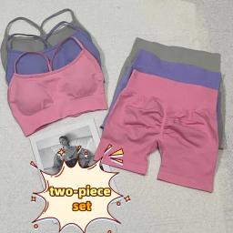 Conjunto de fitness de 2 peças 2025 verão cruz suspender sutiã esportivo e shorts de quadril conjunto de fitness feminino yoga multicolorido pilates equitação conjunto - Image 4
