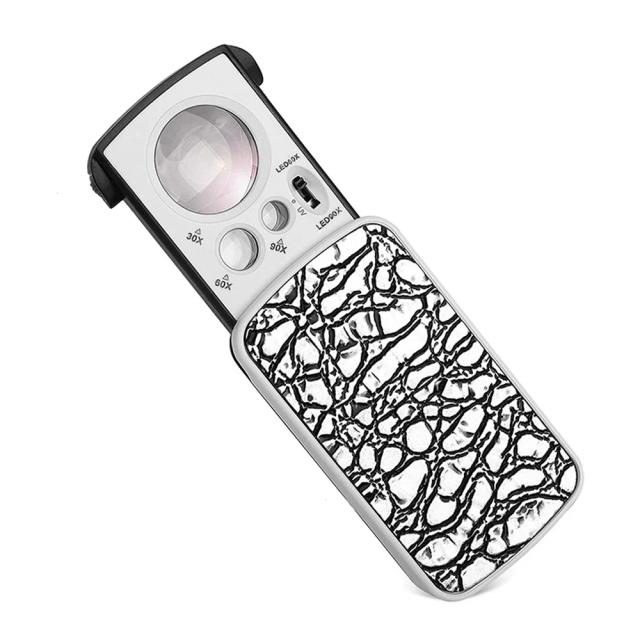 Lupa de Jóias Portátil com Luz UV LED - Lente Óptica de 30X, 60X e 90X para Moedas, Selos e Diamantes