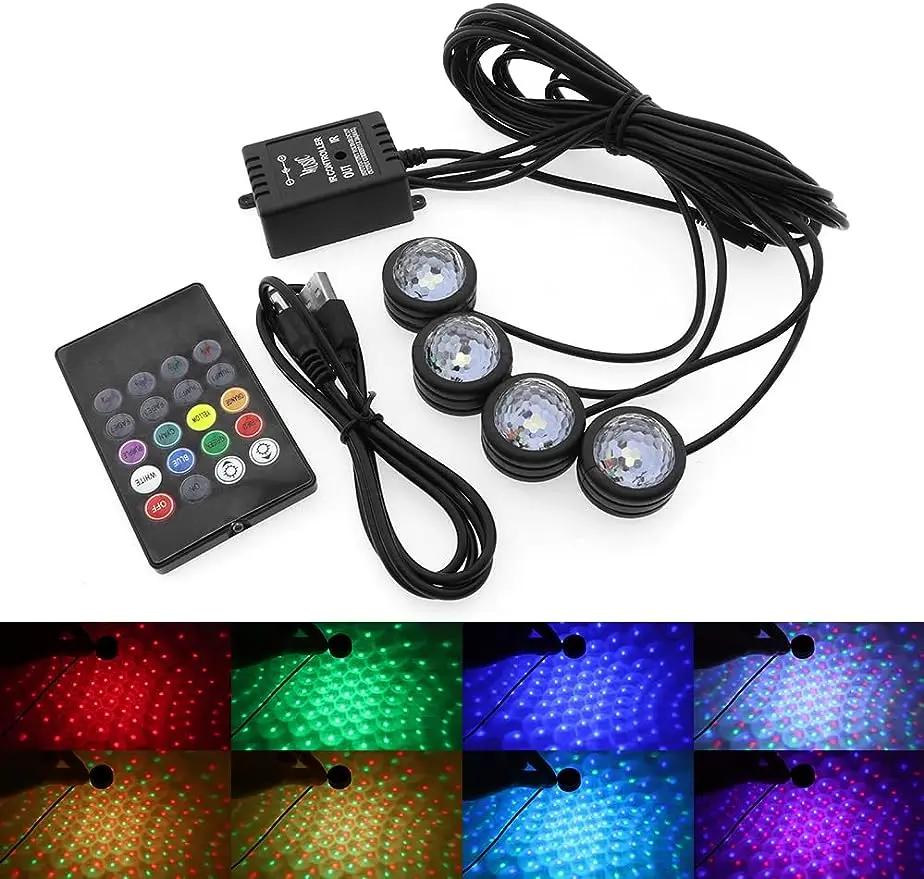 RGB USB LED estrela projetor luz, decoração interior do carro, atmosfera luz, controle remoto, 4pcs - Image 1