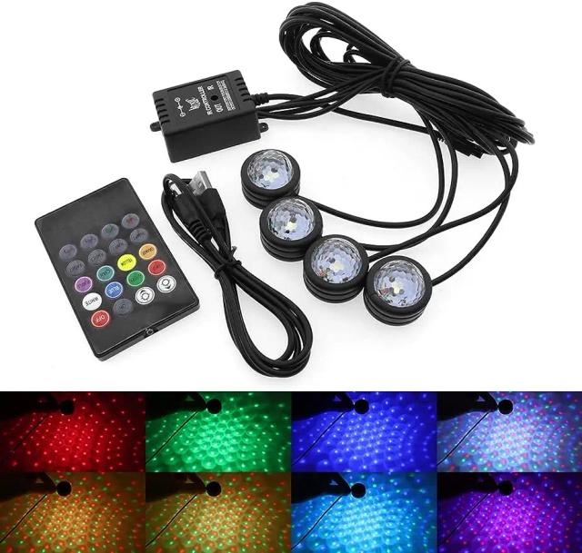 Projetor de Luz LED RGB USB Estrela com Controle Remoto - Decoração Interior do Carro e Iluminação Atmosférica em 4 Peças