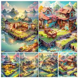 DIY pintura acrílica por Numbers Kit, pintura à mão, cidade pequena, desenhos animados no jogo, arte acrílica, arte presente, decoração para casa - Image 1