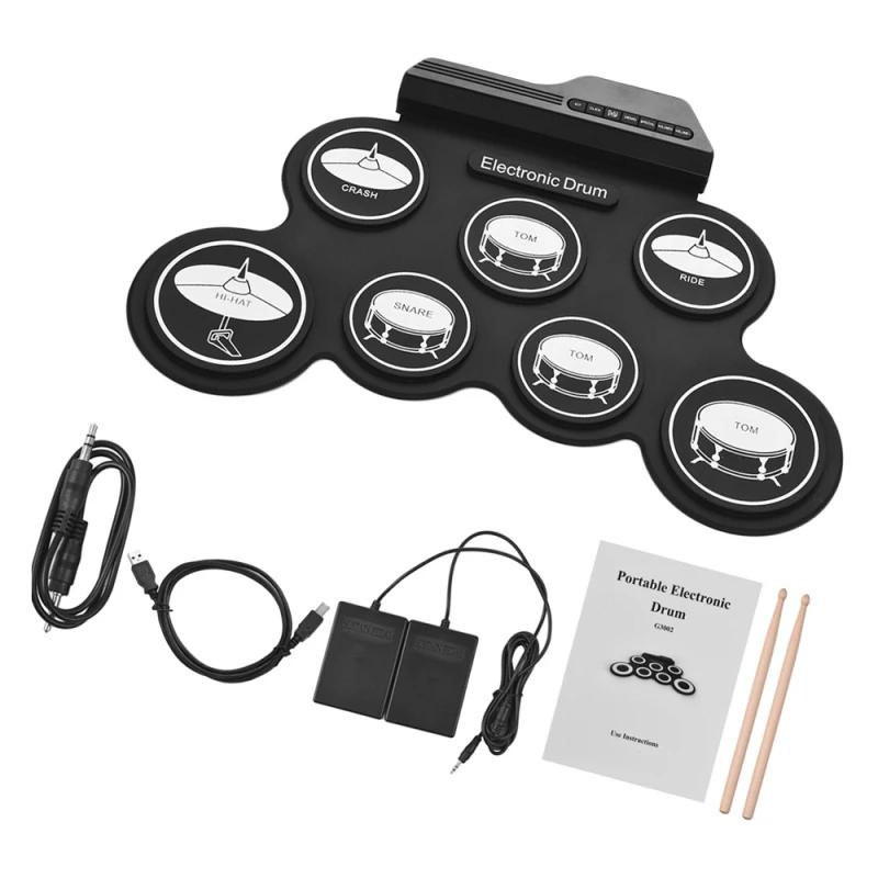 Conjunto de bateria eletrônica usb roll-up silicone tambores almofada digital dobrável elétrico portátil tamanho compacto kit mão prática com pedal - Image 1