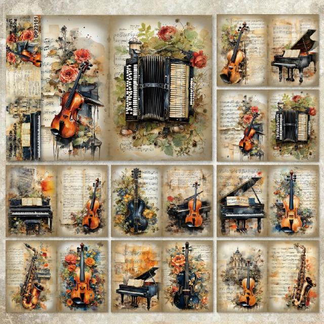 Cartões Artesanais Panalisa em Estilo Vintage para Scrapbooking - Conjunto de 8 Folhas A5 em Papel Leve com Tema Musical