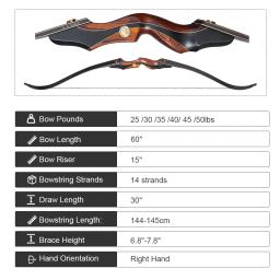 Take Down Recurve Bow, Prática de Tiro com Arco Direito, Laminado Bow Riser, 14 Strand, Bowstring Gift, Shock Absorb, 30-50lbs, 15 in, 60 in - Image 2