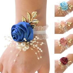 Meninas dama de honra pulso flores casamento baile festa boutonniere cetim rosa pulseira tecido mão flores casamento abastecimento acessórios - Image 5