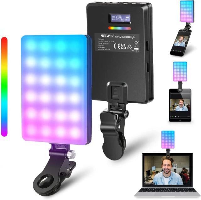 Iluminação NEEWER-RGB LED com Suporte para Telefone e Clipe, Ideal para Vídeos, Selfies e Transmissões ao Vivo