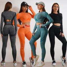 Conjuntos de yoga sem costura esportes fitness cintura alta hip levantar calças de manga comprida sem costas terno roupas de treino ginásio shorts conjunto para mulher - Image 1