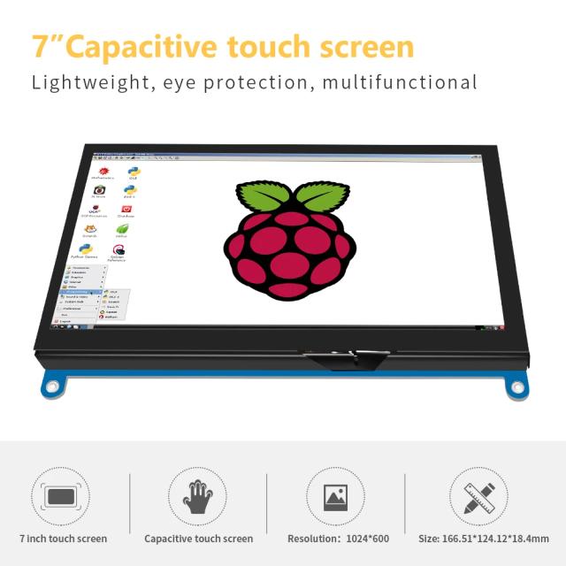 Monitor TFT Touchscreen Portátil de 7" para Raspberry Pi 5 e PC, com Resolução 1024x600 e Conexão HDMI