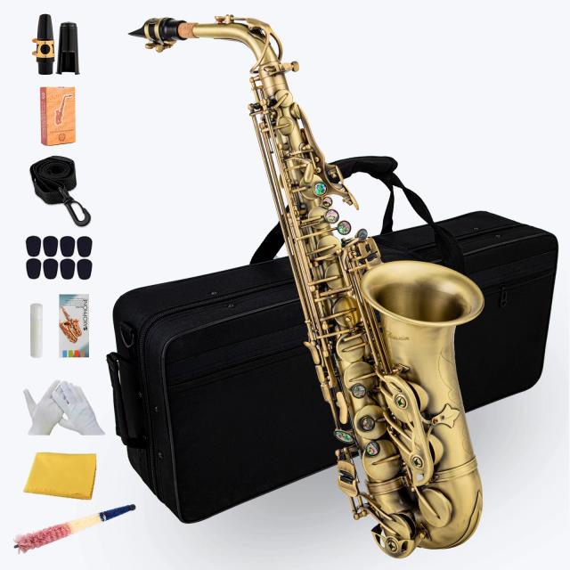 Saxofone Alto Eb Mindabair Antigo com Design Esculpido e Acessórios Inclusos