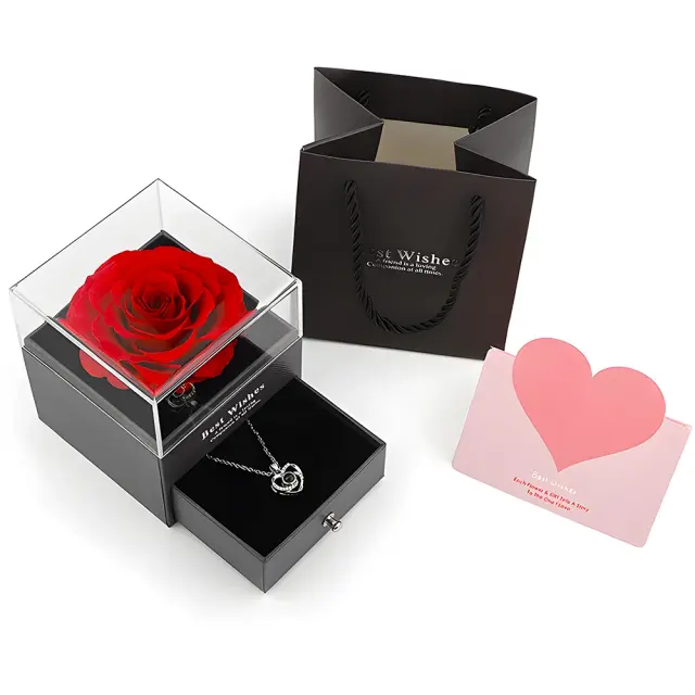 Caixa Rosa Eterna com Colar e Flores Preservadas: Presente Perfeito para Mamãe, Esposa ou Namorada no Aniversário