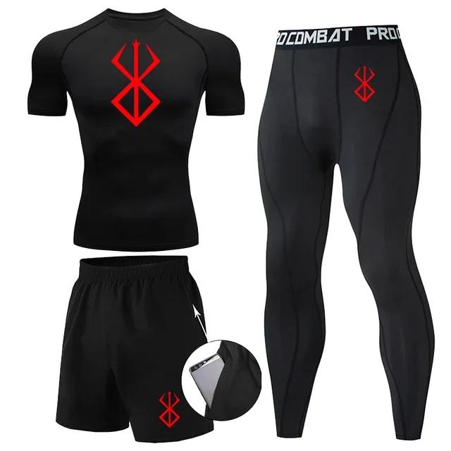 Conjuntos de Compressão Atlética Anime Berserk Print masculino, Treino de ginástica, Ternos Fitness, Rash Guard Camisola, Tops, Calças, Shorts, 3 pcs - Image 1