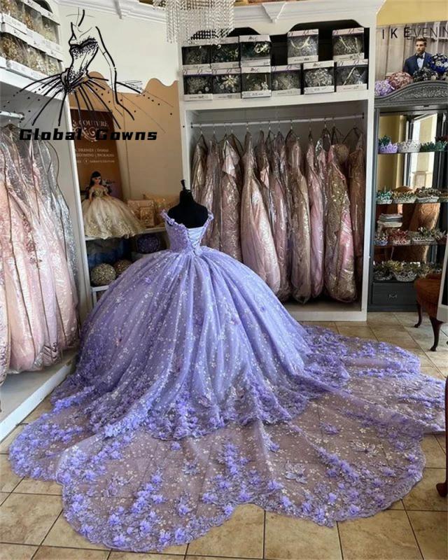 Vestido de Quinceañera Lilás Off Shoulder com Detalhes em 3D para Meninas - Perfeito para Festas de Aniversário e Sweet 16 no México