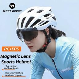 WEST BIKING-Capacete de Bicicleta Ultraleve com Óculos De Moldagem Integrado, Lente Magnética, Ciclismo Tampa Segura, MTB Respirável Capacete De Bicicleta - Image 1