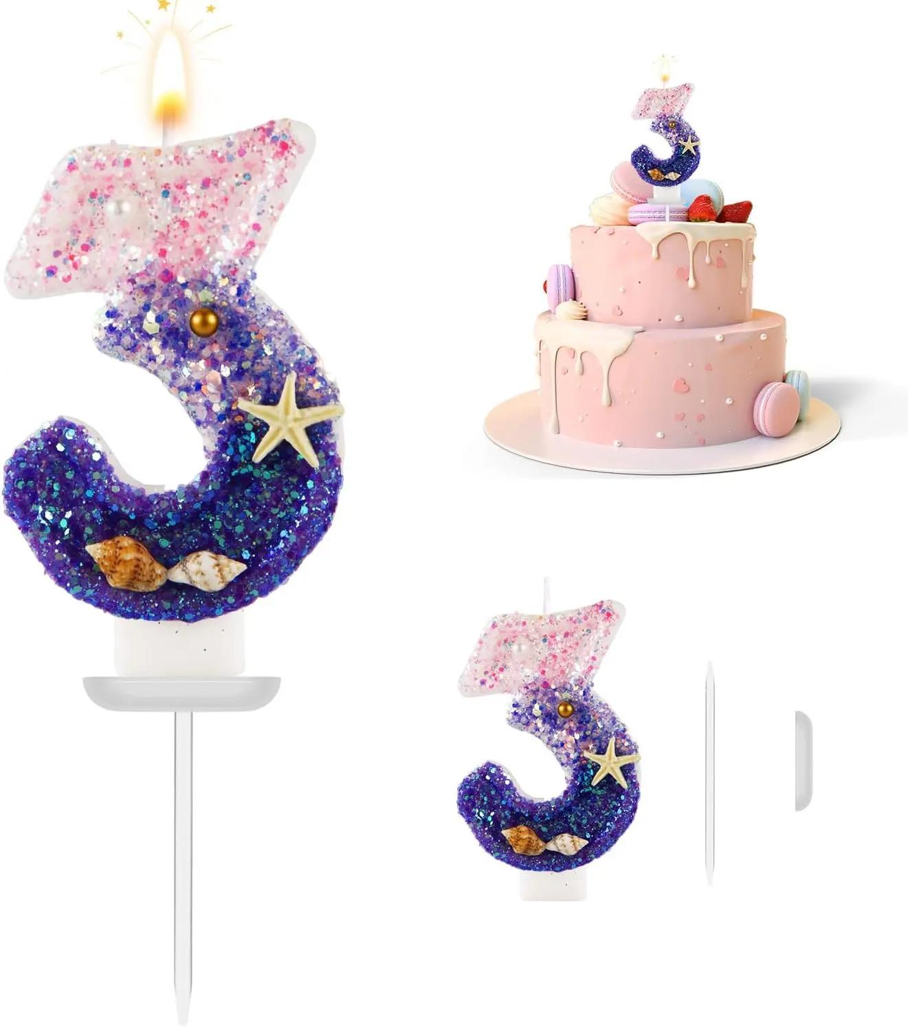 Velas de aniversário do tema sereia com lantejoulas, Velas rosa do aniversário roxo, Número 5 Velas, Topper do bolo, Velas de aniversário - Image 1