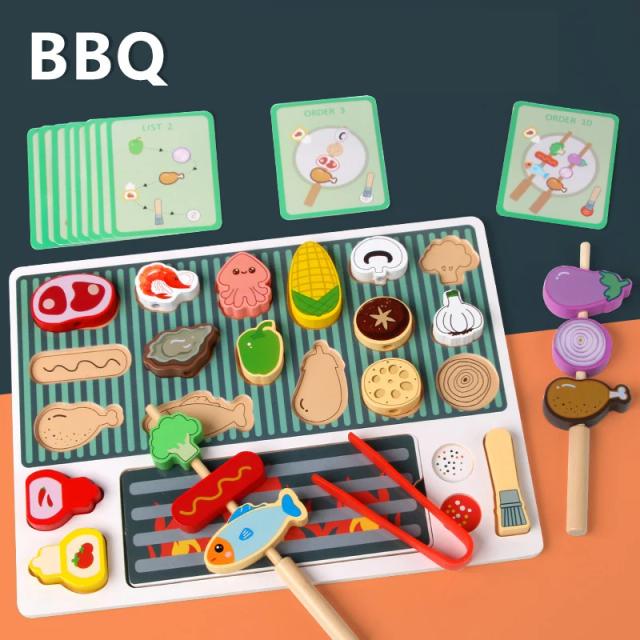 Conjunto de Brinquedos para Churrasqueira de Madeira Montessori Comida de Simulação 1 unidade