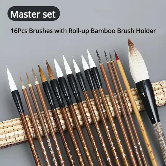 Pincéis de Caligrafia Chinesa com Suporte Roll-up de Bambu para Sumi e Kanji - Conjuntos de 6, 9, 12 e 16 Peças