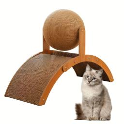 Deluxe Cat Wooden Scratching Pad, Space Saving Vertical, design em arco com bola de sisal interativo, papelão resistente, condomínio, 1pc - Image 4