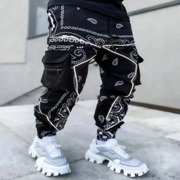 Calças masculinas com estampa de flor de caju, estilo europeu e americano, macacão de bolso múltiplo solto, pés de homem, novo - Image 3