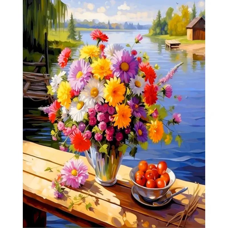 Sdoyuno kit de pintura por número vaso flor arte a óleo diy artesanato kit pintura tintas acrílicas moderna arte da parede marcadores cor decoração do quarto - Image 1