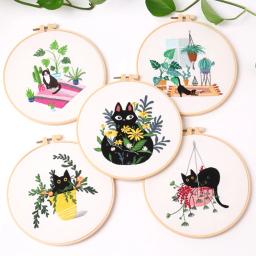 Bordados Starter Kit para iniciantes, ponto cruz, ferramentas de bordado, conjunto redondo, artesanato de costura, gato, flor, grama, bricolage, 30cm - Image 1