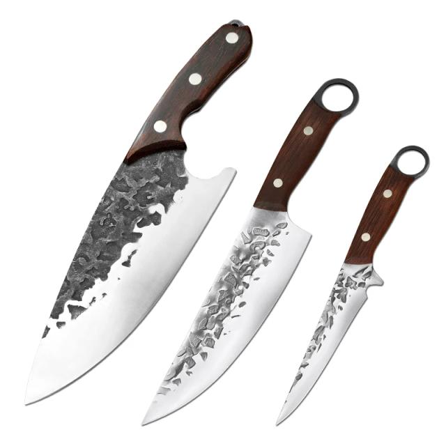 Facas de Cozinha Forjadas à Mão: Chef, Desossagem, Filetagem de Peixe, Cutelo e Faca de Açougueiro com Cabo de Madeira