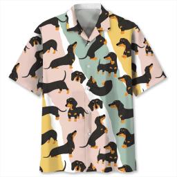 Camisa de desenho animado 3D, cão dachshund, animal, animais, gráficos, mangas curtas, tops havaianos, blusa de lapela solta - Image 1